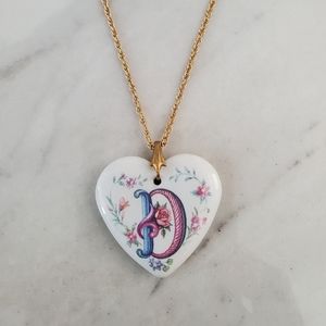 Vintage Initial Letter D Porcelain Heart Pendant Necklace 24 inch Chain